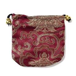 Dark Red Chinese Style Silk Brocade Jewelry Packing Pouches, Drawstring Gift Bags, Auspicious Cloud Pattern, Dark Red, 11x11cm