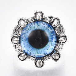 Deep Sky Blue Adjustable Alloy Glass Finger Rings, Wide Band Rings, Dragon Eye, Antique Silver, Deep Sky Blue, Size 8, 18mm