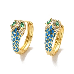 Озёрно--синий Серьги-кольца со змеей из кубического циркония с эмалью, серьги на петлях из настоящей позолоченной латуни 18k для женщин, без кадмия и без свинца, Плут синий, 16x17.5x7 мм, штифты : 0.8 мм