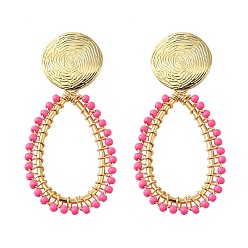 Ярко-Розовый Серьги-гвоздики из латуни в виде каплевидной формы с подвесками, со стеклом, без свинца и без кадмия, стойки покрытие, долговечный, ярко-розовый, 52.5x24.5 мм