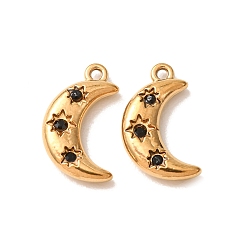 Jet 304 Stainless Steel with Rhinestone Pendants, Moon Charms, Ion Plating(IP), Golden, Jet, 16x9x3mm, Hole: 1.2mm