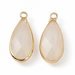 White Opal K9 Glass Pendants, Teardrop Charms, Faceted, with Light Gold Tone Brass Edge, White Opal, 24.5x10.5x5.5mm, Hole: 2.3mm