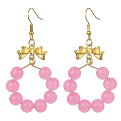 Pearl Pink Imitation Jade Glass Beaded Ring Dangle Earrings, Golden Alloy Bowknot Long Drop Earrings, Pearl Pink, 63x32mm