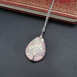 Misty Rose Teardrop with Tree Resin Pendant Necklace, Platinum Copper Wire Wrapped Necklace, Misty Rose, 20.47 inch(52cm)