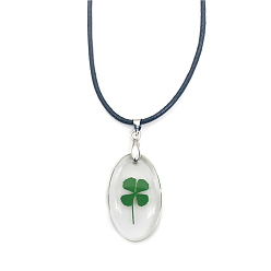 Oval Resin with Clover Pendant Necklace with Waxed Cotton Cord for Women, Oval Pattern, Pendant: 10~35mm