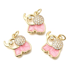 Pink Латунные микропаве прозрачные подвески с фианитом, Слон прелести, с эмалью, без кадмия и без свинца, реальный 18 k позолоченный, стойки покрытие, долговечный, розовые, 15x15x3.5 мм, отверстие : 3.5 мм