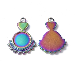 Rainbow Color Ion Plating(IP)  304 Stainless Steel Pendant Cabochon Settings, Flat Round with Heart Charm, Rainbow Color, Round Tray: 8mm, 20x14x2mm, Hole: 1.8mm