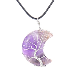 Amethyst Natural Amethyst Crescent Moon Pendant Necklaces, with Copper Wire, 18.90 inch(48cm)