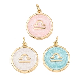 Libra Brass Enamel Pendants, Flat Round & Constellation Charms, Rack Plating, Long-Lasting Plated, Cadmium Free & Lead Free, Golden, Libra Charms, 17.5x15x2mm, Hole: 3mm