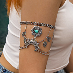 Synthetic Turquoise Antique Silver Alloy Layered Arm Chains, Synthetic Turquoise Upper Arm Bracelet, Inner Diameter: 3 inch(7.5cm)