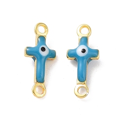 Steel Blue Brass Enamel Connector Charms, Real 18K Gold Plated, Religion Cross with Evil Eye Pattern, Steel Blue, 5.5x13x3mm, Hole: 1.2mm
