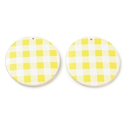 Yellow Schima Wood Double-faced Printed Pendants, Flat Round with Tartan Pattern Charms, Yellow, 39.5~40x5~5.5mm, Hole: 1.6mm