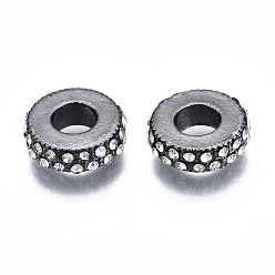 Gunmetal Alloy European Beads, with Crystal Rhinestones, Large Hole Beads, Flat Round, Gunmetal, 11x3.5mm, Hole: 4.5mm