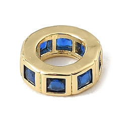Dark Blue Brass Pave Cubic Zirconia European Beads, Flat Round, Large Hole Beads, Rack Plating, Long-Lasting Plated, Lead Free & Cadmium Free, Real 18K Gold Plated, Dark Blue, 8.5x3mm, Hole: 5mm