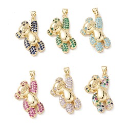 Mixed Color Brass Micro Pave Cubic Zirconia Pendants, Real 16K Gold Plated, Bear Charms, Mixed Color, 26.5x18x7mm, Hole: 5x3mm.