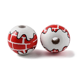 Red Christmas Theme Printed Wood Beads, Round with Brick Pattern, Red, 15x16mm, Hole: 3.7mm