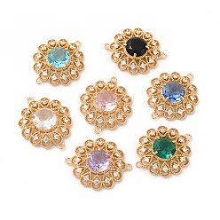 Mixed Color Brass with K9 Glass Connector Charms, Golden Flower Links, Mixed Color, 28.5x23x7mm, Hole: 1.6mm