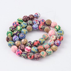 Mixed Color Handmade Polymer Clay Beads, Round with Floral Pattern, Mixed Color, 8mm