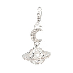 Посеребрённый Европейские подвески с микропаве из латуни и прозрачными кубическими циркониями, подвески с большими отверстиями в виде планеты и луны, 925 серебро покрытием, 27.5 мм, отверстие : 4.2 мм