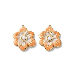 Оранжевый Крашеные натуральный белый нефрит подвески, 304 подвески-цветы из нержавеющей стали с эмалью, реальный 18 k позолоченный, вакуумное покрытие pvd, оранжевые, 26x21.5x3.5 мм, отверстие : 1.4 мм