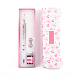 Lilac Lampwork Dip Pen & Pen Holder Set, with Dried Flower inside, Ink, Packaging Box, Lilac, 170mm