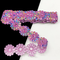 Violet Polyester Lace Trim, with Colorful Paillettes, Flower, Garment Accessories, Violet, 2-3/8 inch(60mm), about 4.5 yards/pc