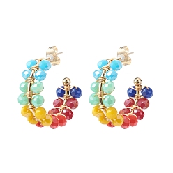 Colorful Glass Beaded C-shape Stud Earrings, Gold Plated Brass Wire Wrap Half Hoop Earrings for Women, Colorful, 23x9mm, Pin: 0.7mm