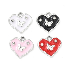 Платина Подвески из эмали и сплава, сердце с подвесками в виде бабочек, uv покрытие, со стразами, платина, 16x17.5x3 мм, отверстие : 2 мм
