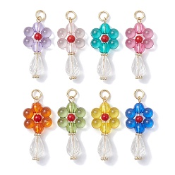 Mixed Color Acrylic Pendants, with Natural Mashan Jade and 304 Stainless Steel Jump Rings, Flower Charms, Mixed Color, 34.5x15.5x7.5mm, Hole: 4mm