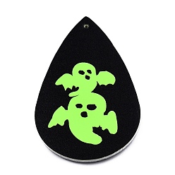 Ghost Halloween Theme Imitation Leather Pendants, Teardrop, Lime, Ghost Pattern, 56.5x37x2mm, Hole: 1.6mm