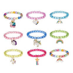 Mixed Color 9Pcs 9 Style Acrylic Round Beaded Stretch Bracelets Set, Alloy Enamel Unicorn & Rainbow & Star & Heart Charms Stackable Bracelets for Children, Mixed Color, Inner Diameter: 1-7/8 inch(4.8cm), 1Pc/style