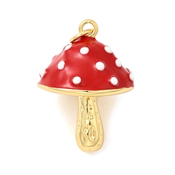 Красный Латунь эмаль подвески, грибное очарование, с целью перехода в кольце, долговечный, без кадмия и без свинца, реальный 18 k позолоченный, красные, 24.5x17~17.5 мм, отверстие : 3.5 мм