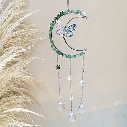 Green Aventurine Natural Green Aventurine Chip Wrapped Moon with Butterfly Hanging Ornaments, Glass Teardrop Tassel Suncatchers for Home Outdoor Decoration, 400mm