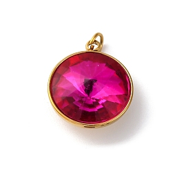 Темно-Розовый 316 подвески из граненого стекла из нержавеющей стали, плоско-круглые, ионное покрытие (ip), реальный 18 k позолоченный, с петлей, темно-розовыми, 15.5x13.5x7 мм, отверстие : 2.5 мм