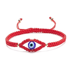 Red Lampwork Evil Eye Braided Bead Bracelet, Adjustable Bracelet for Women, Red, Inner Diameter: 2-1/8~3-3/8 inch(5.5~8.7cm)