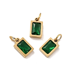 Green Vacuum Plating 304 Stainless Steel Pendants, with Cubic Zirconia and Jump Rings, Single Stone Charms, Rectangle, Golden, Green, 9.5x6x3mm, Hole: 3.6mm