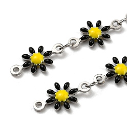 Black 304 Stainless Steel Flower Link Chain, with Enamel, with Spool, Unwelded, Black, 12.5~13x7~8x2mm, 5m/roll
