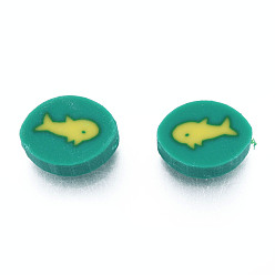 Light Sea Green Handmade Polymer Clay Beads, Oval with Fish, Light Sea Green, 10.5~12x8~8.5x4.5~5mm, Hole: 1.6mm