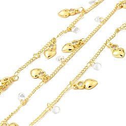 Golden Rack Plating Brass Curb Chains, with Clear Cubic Zirconia Heart Charms, Long-Lasting Plated, Unwelded, with Spool, Cadmium Free & Lead Free, Golden, 1.5mm