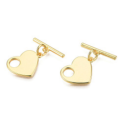 Real 18K Gold Plated Brass Toggle Clasps, Nickel Free, Heart, Real 18K Gold Plated, 21mm, Heart: 12x15x1.5mm, Hole: 1mm, Bar: 4x15x1.5mm, Hole: 1.2mm