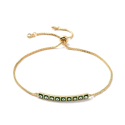 Green Enamel Rectangle with Evil Eye Link Slider Bracelet with Cubic Zirconia, Real 18K Gold Plated Brass Lucky Jewelry for Women, Green, Inner Diameter: 1/2~3 inch(1.2~7.6cm)