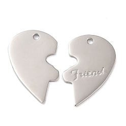 Real Platinum Plated Rhodium Plated 925 Sterling Silver Pendants, Half Heart with Word Friend Charm, for BFF Jewelry Making, Real Platinum Plated, 21x13x1mm, Hole: 1.5mm