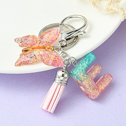 Letter E Resin & Acrylic Keychains, with Alloy Split Key Rings and Faux Suede Tassel Pendants, Letter & Butterfly, Letter E, 8.6cm