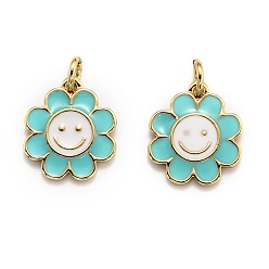 Medium Turquoise Brass Enamel Charms, Real 18K Gold Plated, Long-Lasting Plated, Flower, Medium Turquoise, 14.5x13x1.5mm, Hole: 3mm