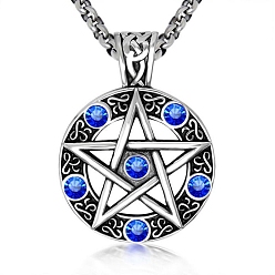 Sapphire Star Stainless Steel Rhinestone Pendant Necklaces for Men, Sapphire, 23.62 inch(60cm)
