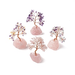 Mixed Stone Natural Mixed Stone Tree Display Decoration, Natural Rose Quartz Base Feng Shui Ornament for Wealth, Luck, Rose Gold Brass Wires Wrapped, 47~60x88~105x122~145mm