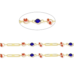Red Real 18K Gold Plated Brass Oval & Flat Round Link Chains, with Glass Beaded, Soldered, with Spool, Lead Free & Cadmium Free & Nickel Free, Red, 10x4.5x1.7mm, 15x2.5x0.3mm
