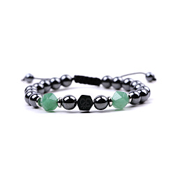 Green Aventurine Synthetic Hematite & Natural Green Aventurine Braided Bead Bracelets, Yoga Theme Stainless Steel Adjustable Bracelet, 7-1/8~10-1/4 inch(18~26cm)