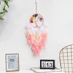 Salmon Tree of Life Gemstone Chips Woven Web/Net with Feather Decorations, for Home Bedroom Hanging Decorations, Salmon, 160mm