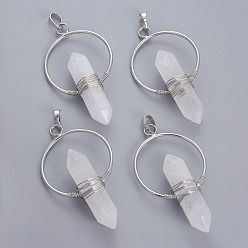 Quartz Crystal Natural Quartz Crystal Double Terminated Pointed Pendants, Rock Crystal, with Brass Findings, Bullet, Platinum, 57.5~59x33.2~34x12~12.5mm, Hole: 7.5~8x5mm